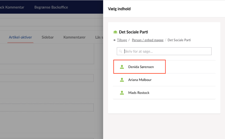 Screenshot af backoffice: markering om den valgte person i person-/enhedsmappen