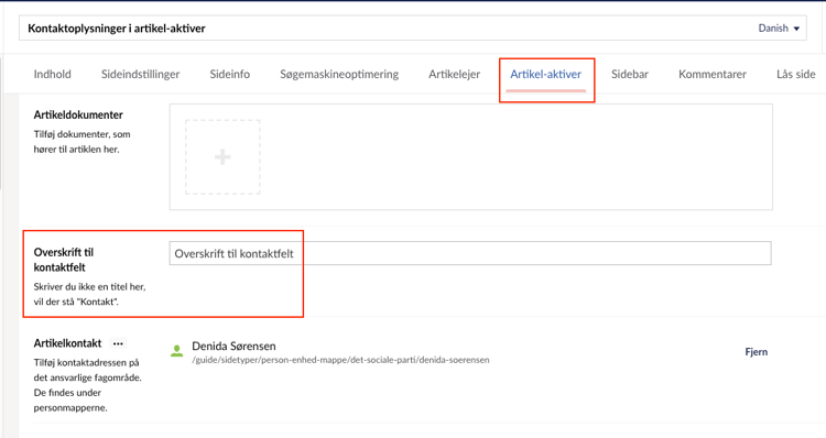 Screenshot af backoffice: fanen Artikel-aktiver med markeringer om feltet "Overskrift til kontaltfelt"