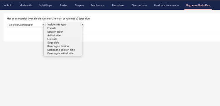 Begrænse backoffice: Valg af sidetype