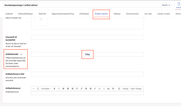 Screenshot af backoffice: fanen artikelaktiver med markering om fanen, og feltet artikelkontakt