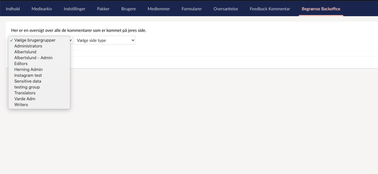 Begrænse backoffice: brugergruppe