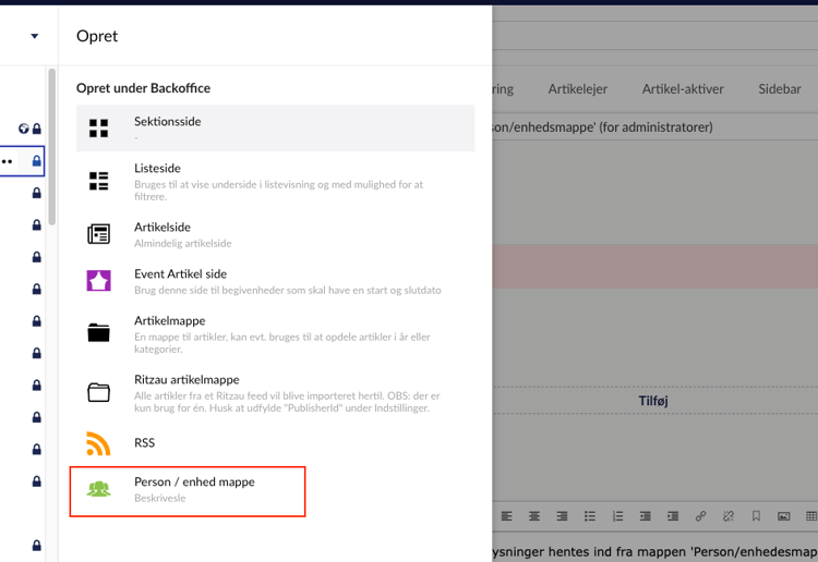 Screenshot af backoffice: markering rundt om person/enhedsmappen